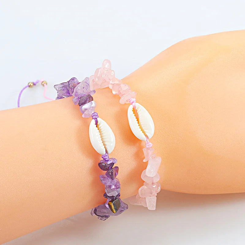 Bracelet Pierre Naturelle Graviers Coquillages Main Ajustable Femme