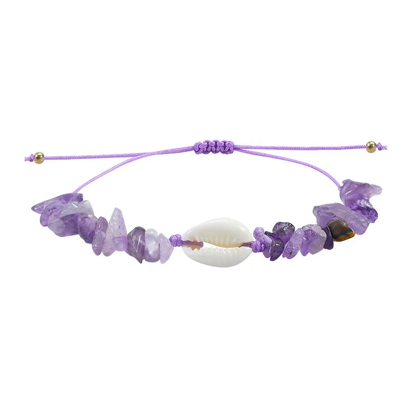 Bracelet Pierre Naturelle Graviers Coquillages Main Ajustable Femme