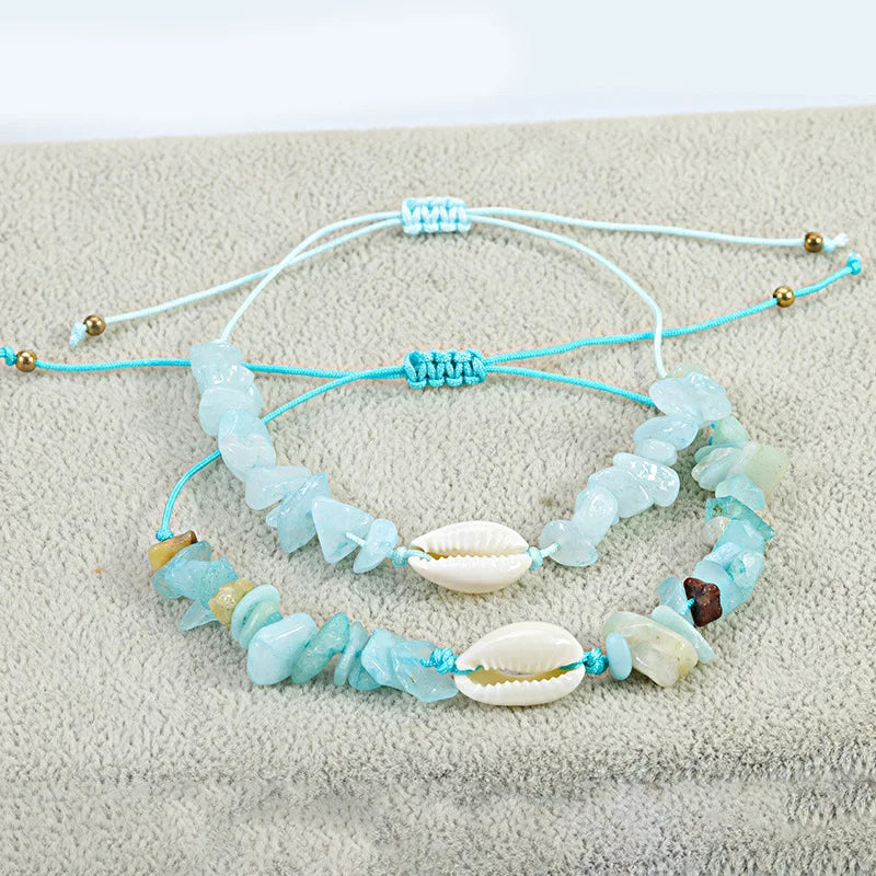 Bracelet Pierre Naturelle Graviers Coquillages Main Ajustable Femme