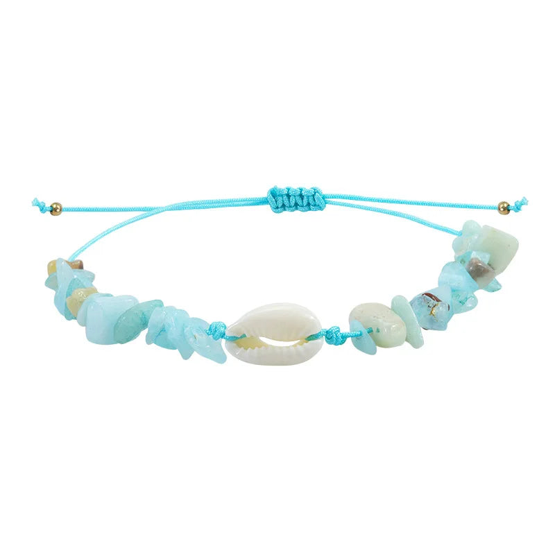 Bracelet Pierre Naturelle Graviers Coquillages Main Ajustable Femme