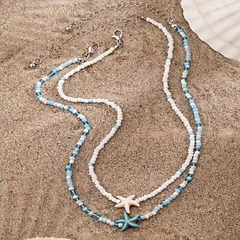 Collier perles tortue étoile de mer ras du cou vintage plage femme