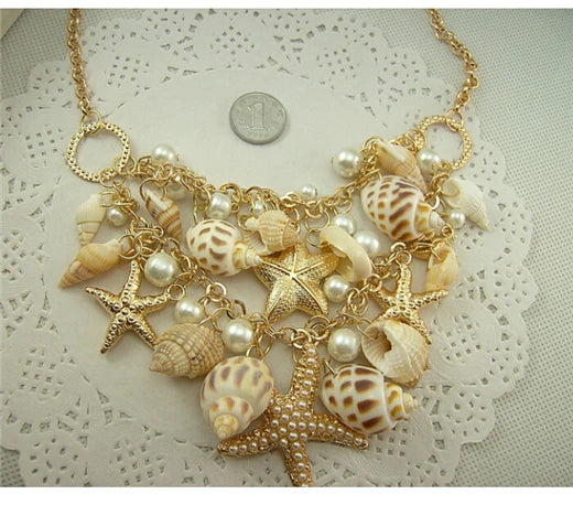 Collier perles multicouches étoile de mer coquillage plage femmes