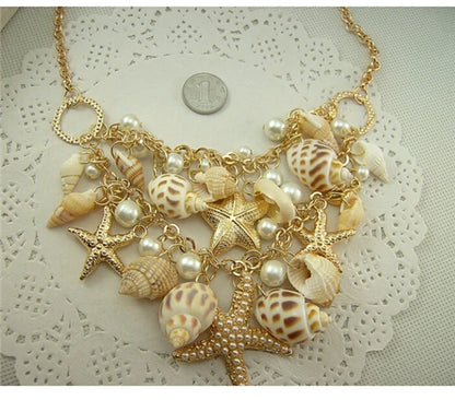 Collier perles multicouches étoile de mer coquillage plage femmes