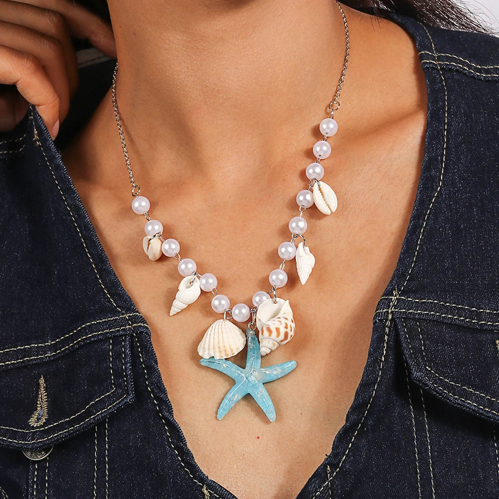 Collier perles multicouches étoile de mer coquillage plage femmes