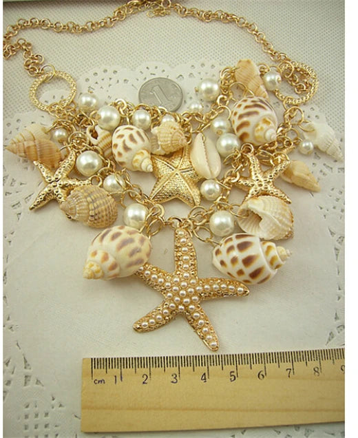 Collier perles multicouches étoile de mer coquillage plage femmes