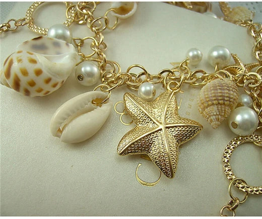 Collier perles multicouches étoile de mer coquillage plage femmes