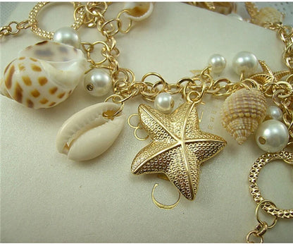 Collier perles multicouches étoile de mer coquillage plage femmes