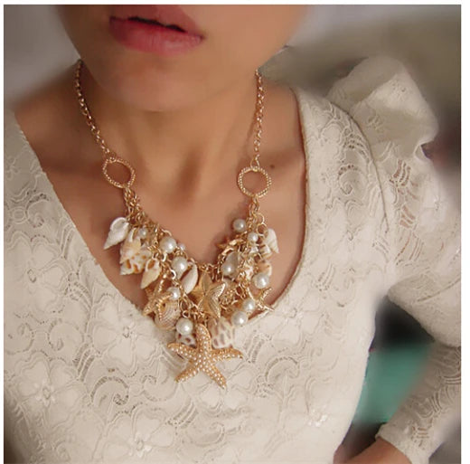 Collier perles multicouches étoile de mer coquillage plage femmes