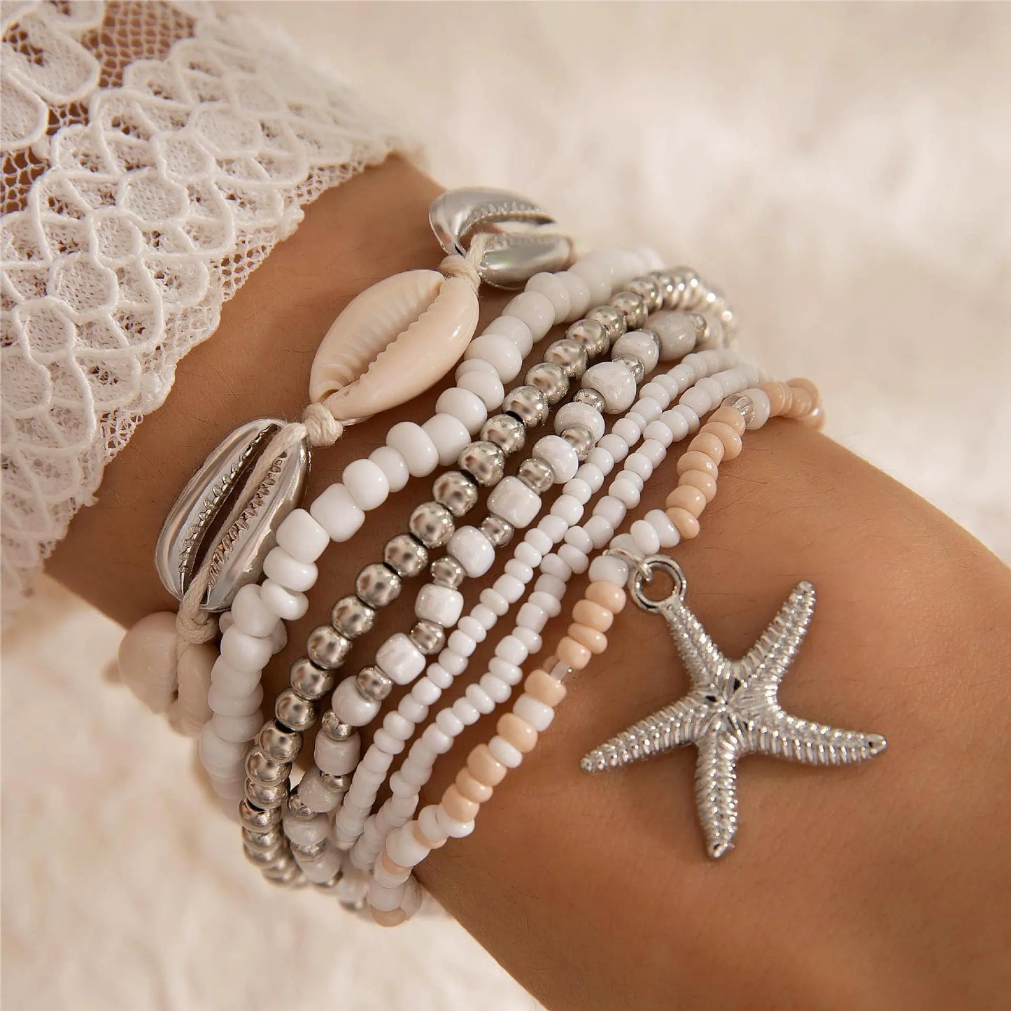 Bracelets multicouches bohèmes coquillage étoile de mer plage festif