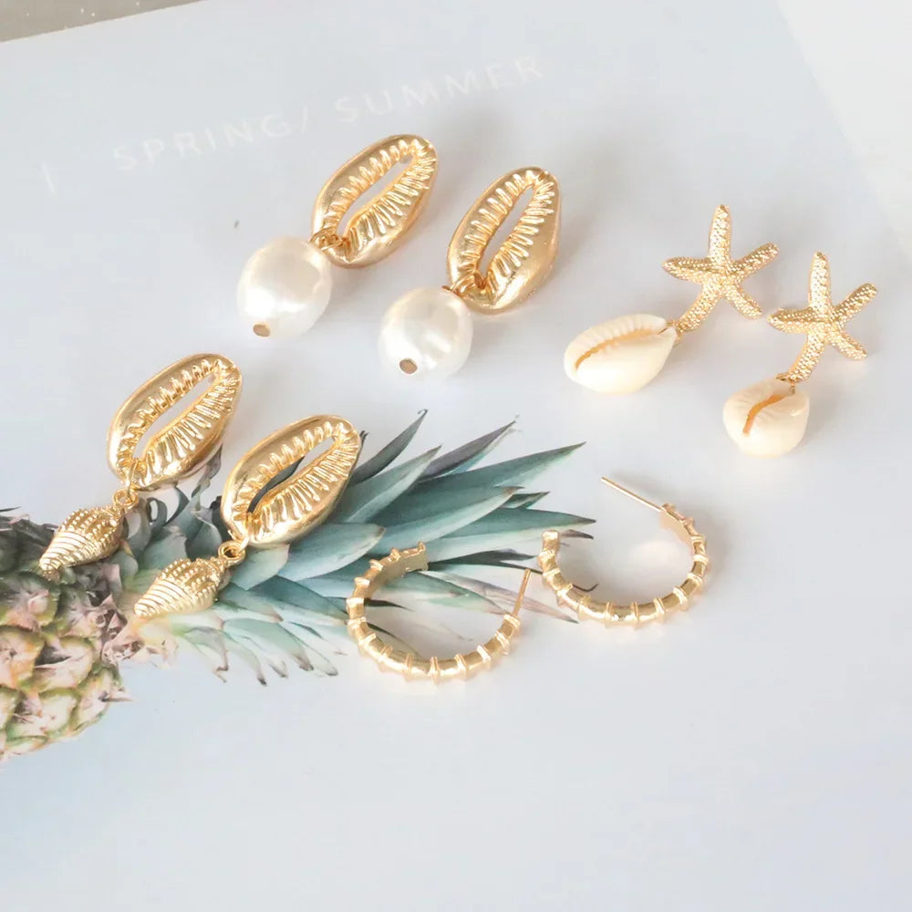 Boucles d'oreilles pendantes coquillage étoile de mer perle plage