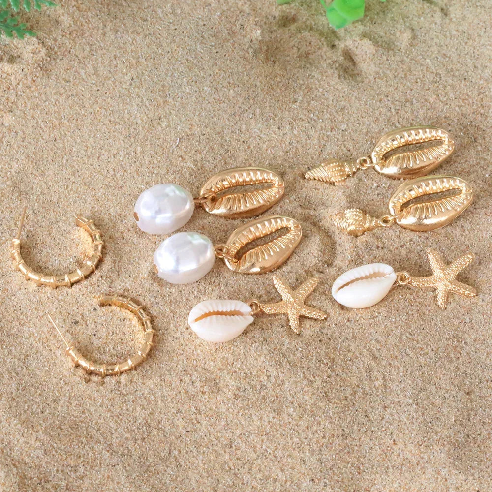 Boucles d'oreilles pendantes coquillage étoile de mer perle plage