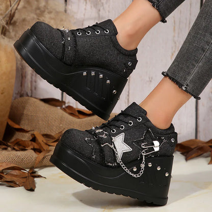 Plateforme Chunky Punk Wedges Denim pour femmes, chaussures gothiques, JOFashion
