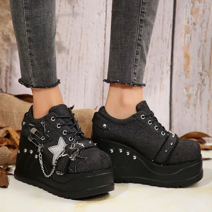 Plateforme Chunky Punk Wedges Denim pour femmes, chaussures gothiques, JOFashion