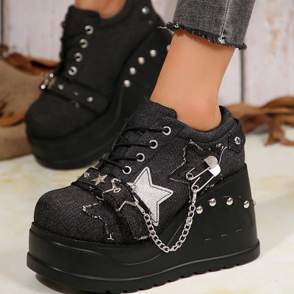Plateforme Chunky Punk Wedges Denim pour femmes, chaussures gothiques, JOFashion