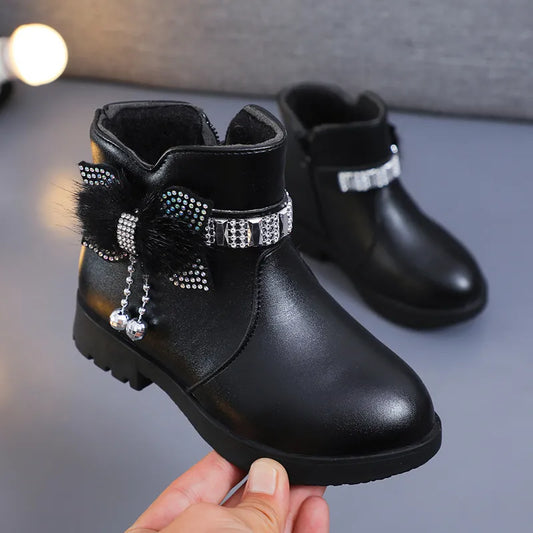 Bottes en Cuir Chaudes à Mi-Mollet pour Filles avec Nœud