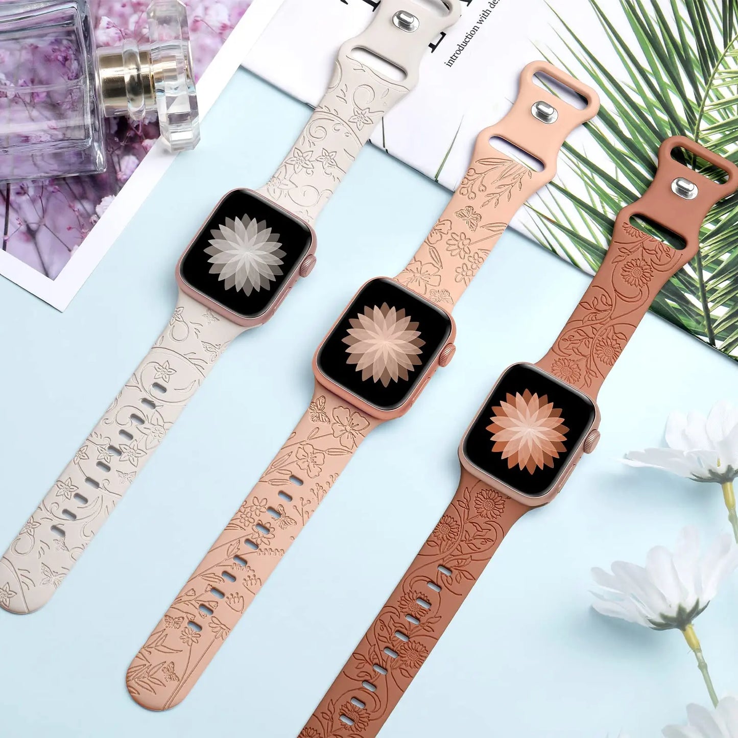 Bracelet Floral Gravé pour Apple Watch - Élégance Naturelle pour Tous les Modèles