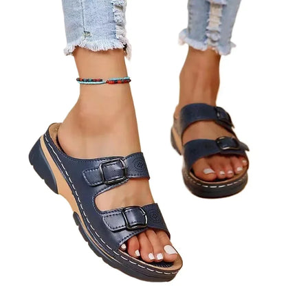 Sandales compensées bouton double, plates-formes confortables, été 2024