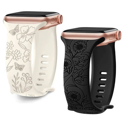 Bracelet Floral Gravé pour Apple Watch - Élégance Naturelle pour Tous les Modèles