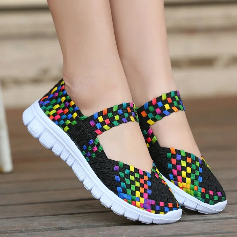 Chaussures plates tissées élastiques pour femmes, style casual 2021